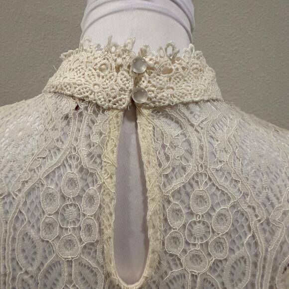Ivory Lace Victorian Long Sleeve High Neck Blouse Cottage Boho Coquette Small - Picture 6 of 11